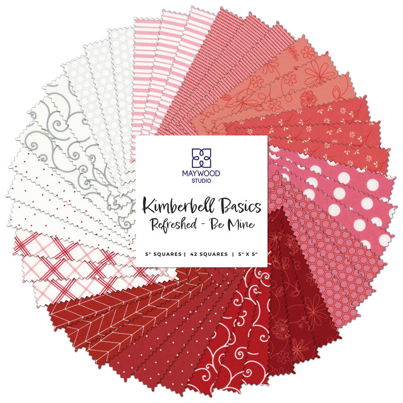 collage of pink, red, and white fabrics in the Kimberbell Basics Refreshed Be Mine 5
