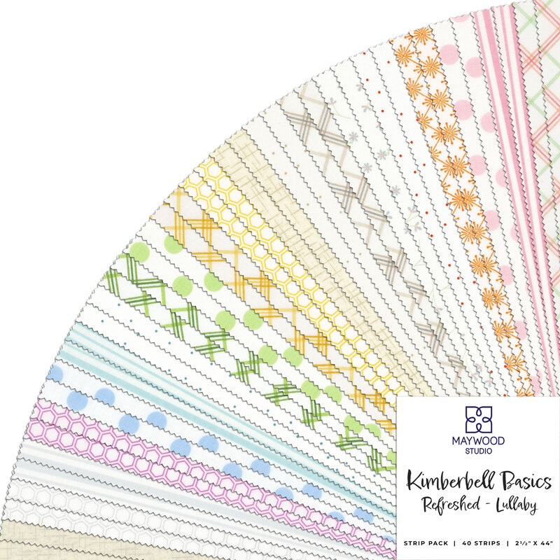 A collage of light rainbow fabrics from the Kimberbell Basics Refreshed Lullaby set
