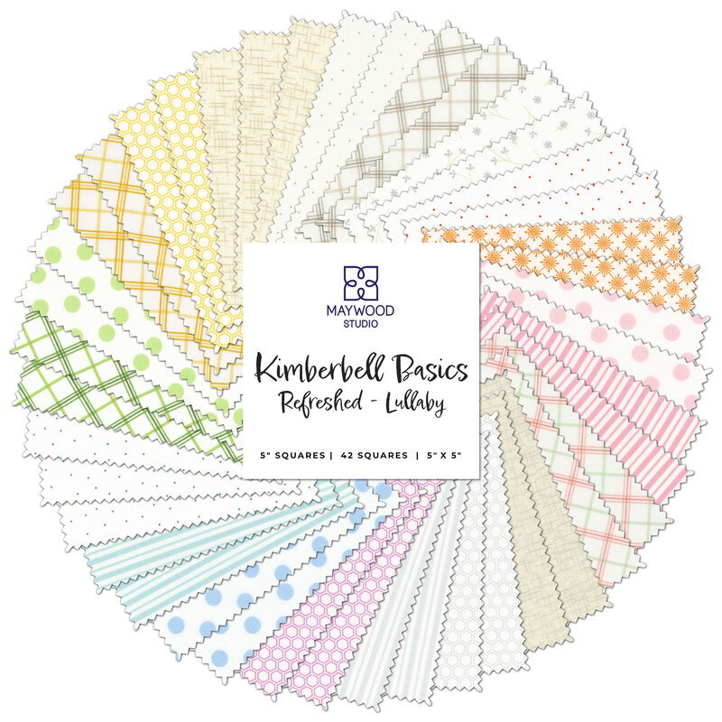collage of a light rainbow of fabrics in the Kimberbell Basics Refreshed Lullaby 5