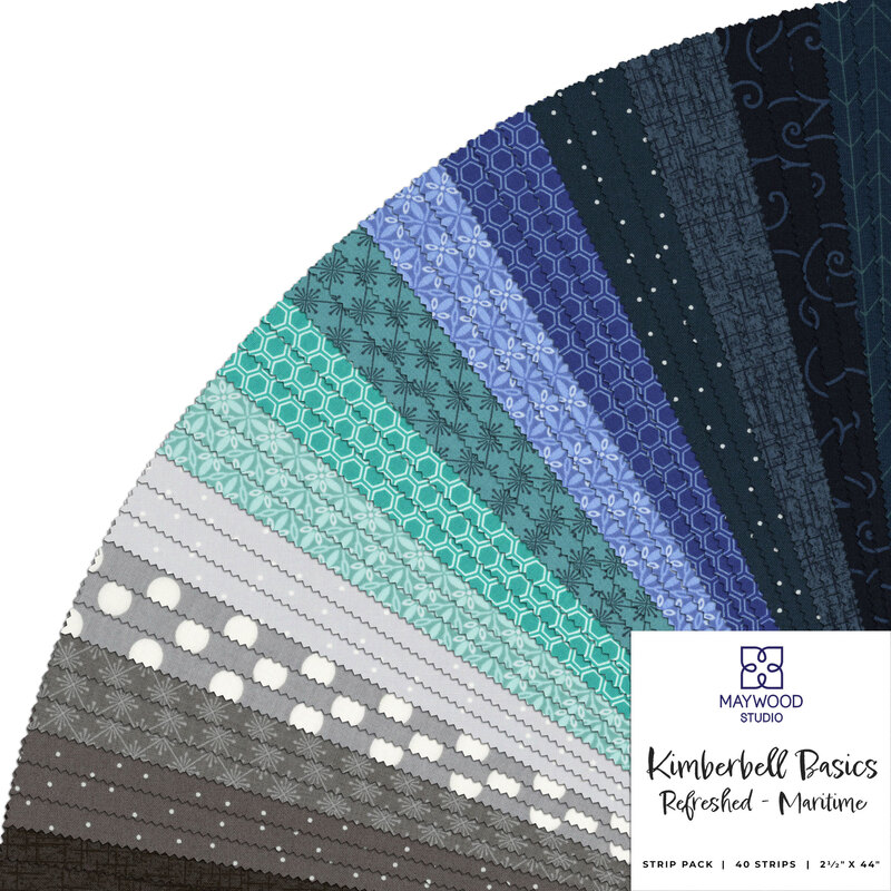 A collage of blue, aqua, and gray fabrics from the Kimberbell Basics Refreshed Maritime set