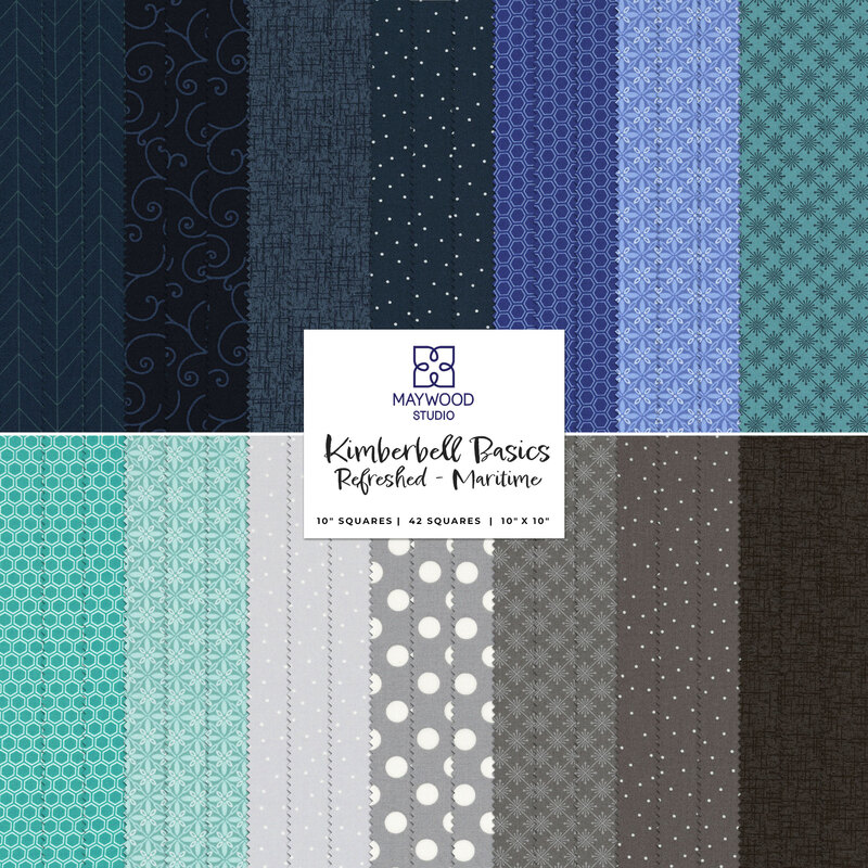 Collage of blue, gray, and aqua fabrics in the 10