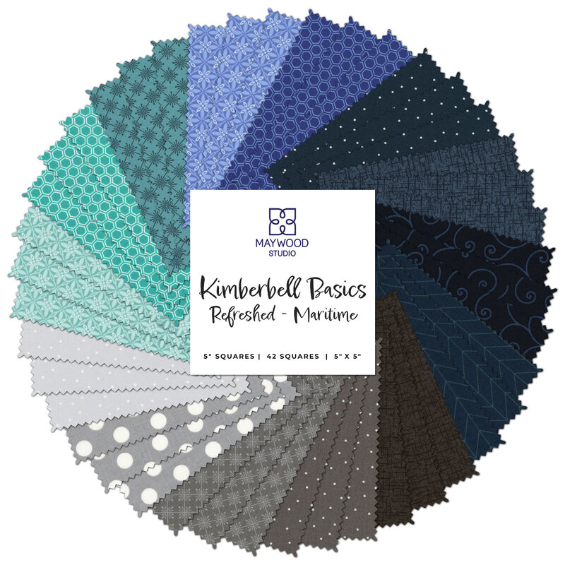 collage of blue, gray, and aqua fabrics in the Kimberbell Basics Refreshed Maritime 5