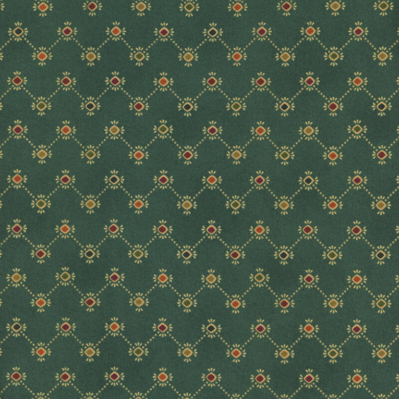 Dark green fabric with a dotted zig zag pattern with colorful diamond corners, evocative of gems on a thin chain