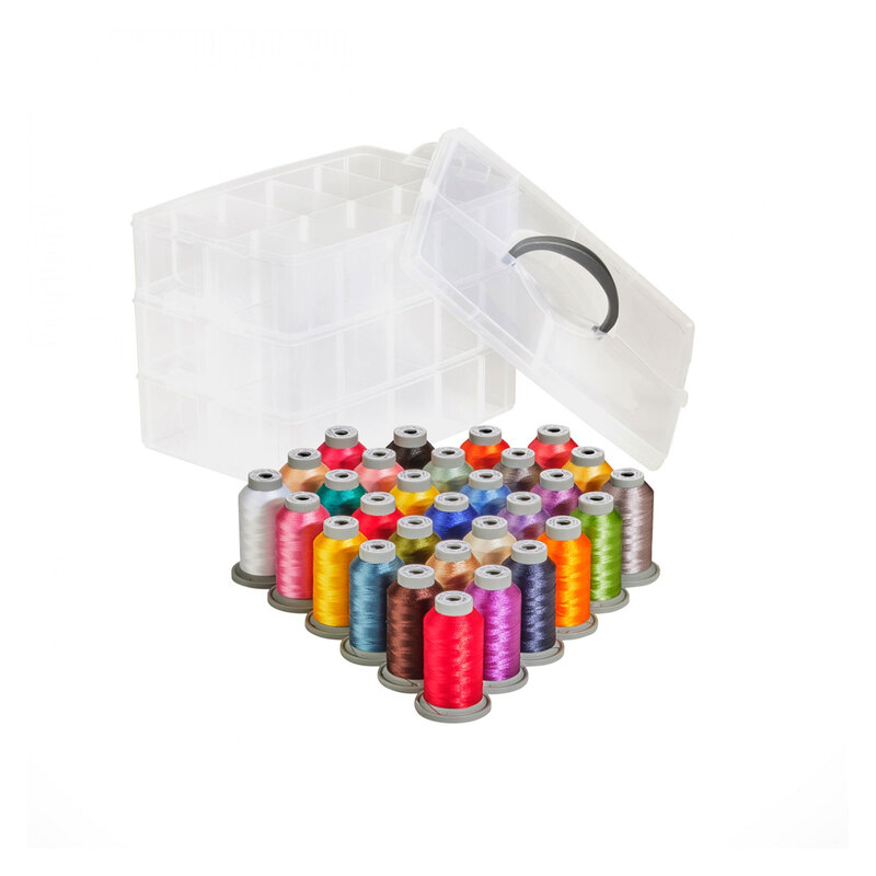 Image of an open plastic case with 30 spools of thread in various colors lined up in front of it on a white background