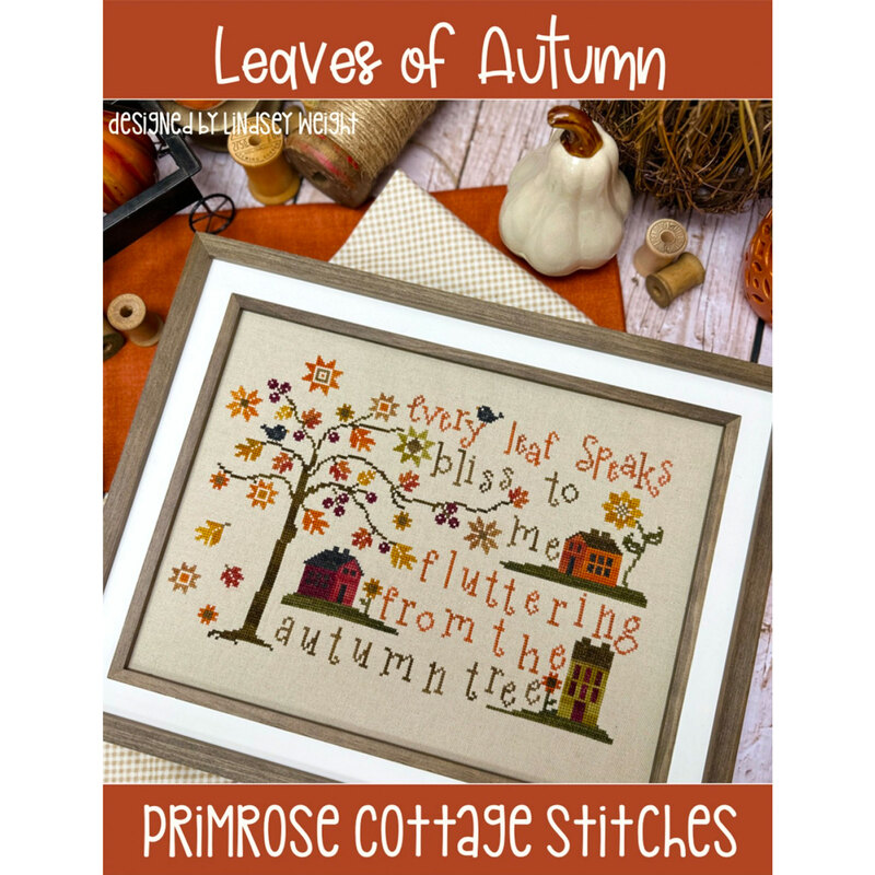 Front of Leaves of Autumn pattern, showing an example of the completed autumnal cross stitch, surrounded by gourds and thread
