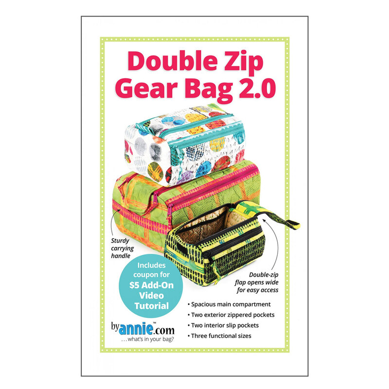 Cover of the double zip gear bag 2.0 pattern with a photo of 3 finished zippered gear bags