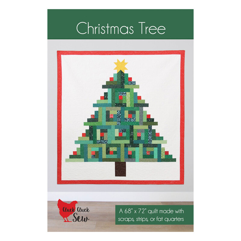 Cover of the christmas tree pattern with a photo of the finished quilt, consisting of a white background with a pieced christmas tree featured on it
