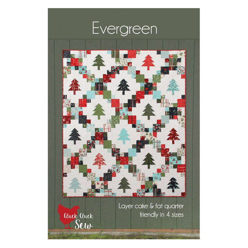Cover of the evergreen pattern with a photo of the finished quilt, consisting of a pieced lattice pattern on a white background with pine trees in between latticing