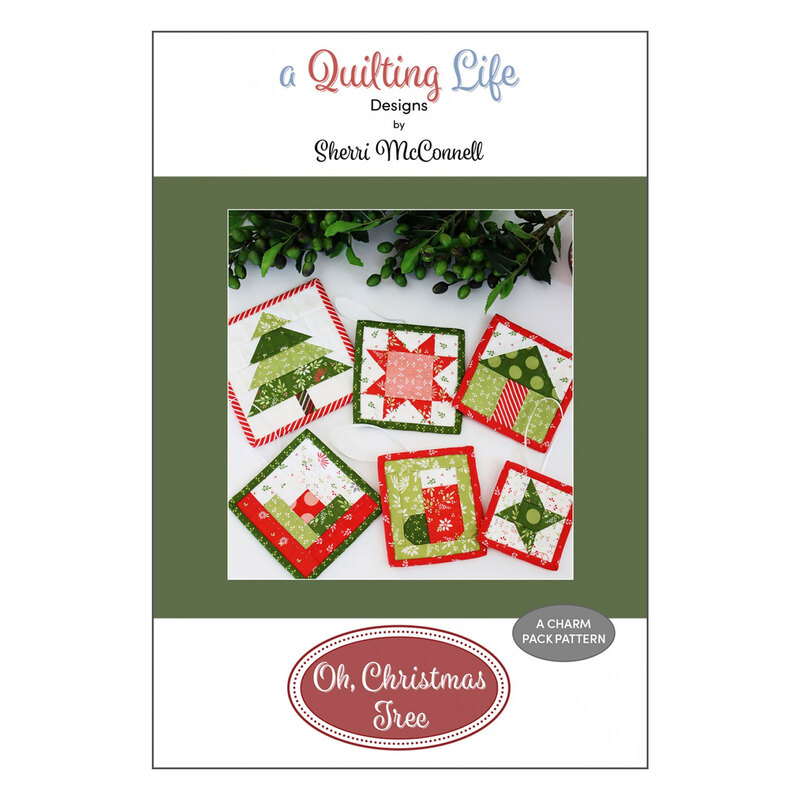Front of the Oh Christmas Tree pattern with an image of 6 different possible square ornaments made with Christmas colored fabrics