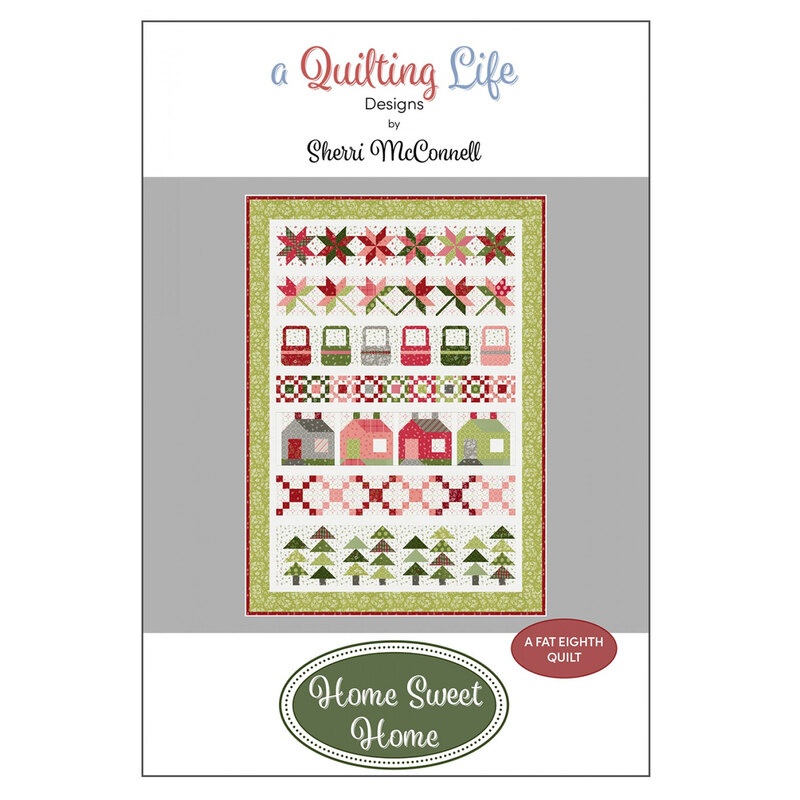 Front of the home sweet home pattern, featuring a quilt with rows of poinsettias, leaves, geometric shapes, trees, and houses, all on a white background