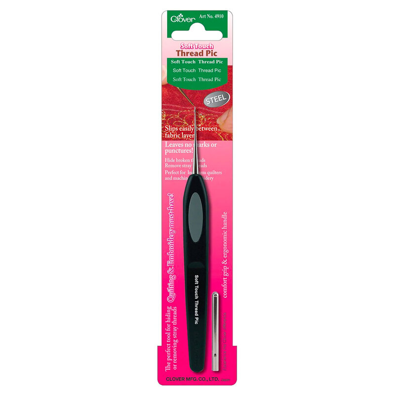 Clover Soft Touch Thread Pic, black thread pic in bright pink packaging