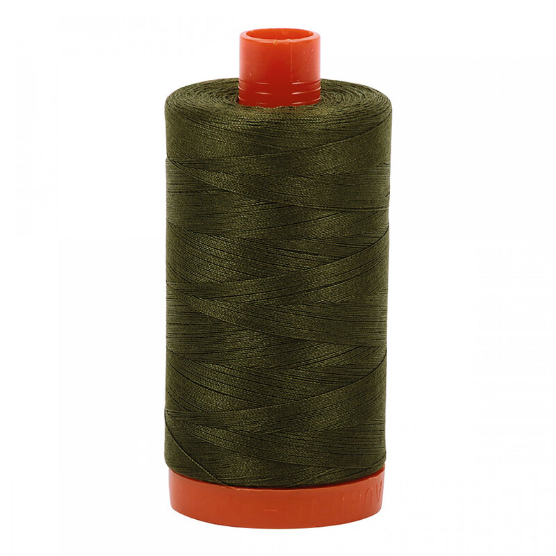 A spool of Aurifil 5012 - Dark Green thread on a white background