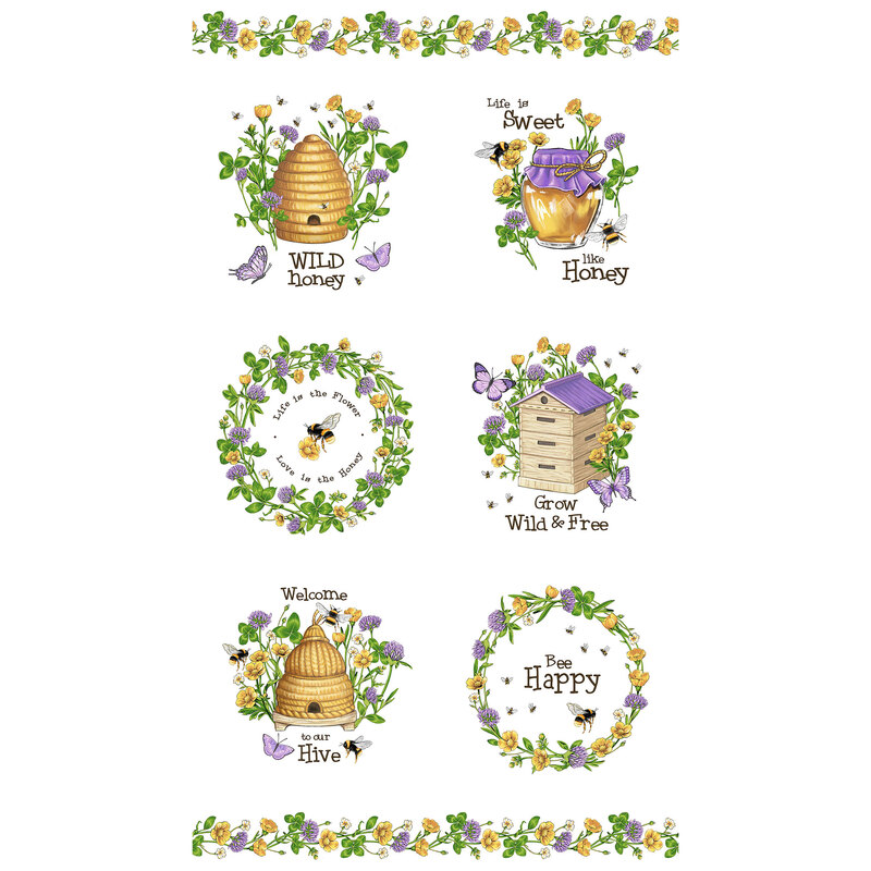 panel featuring 6 distinct blocks, each featuring a different bee themed saying, with beautiful imagery of beehives, flowers, and bees