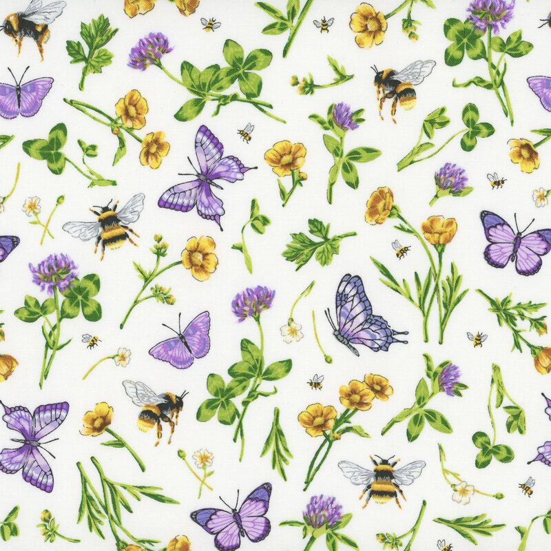 white fabric featuring scattered bees, clover flowers, four-leaf clovers, purple butterflies, and yellow flowers