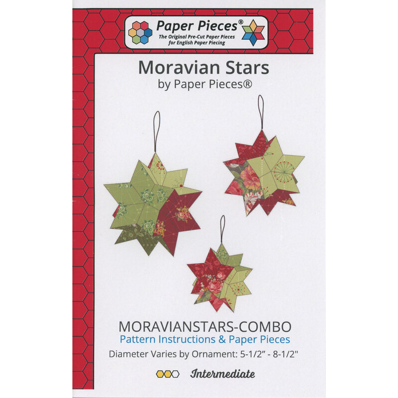 Front of Moravian Stars pattern, with illustrated red and green hanging stars with many points