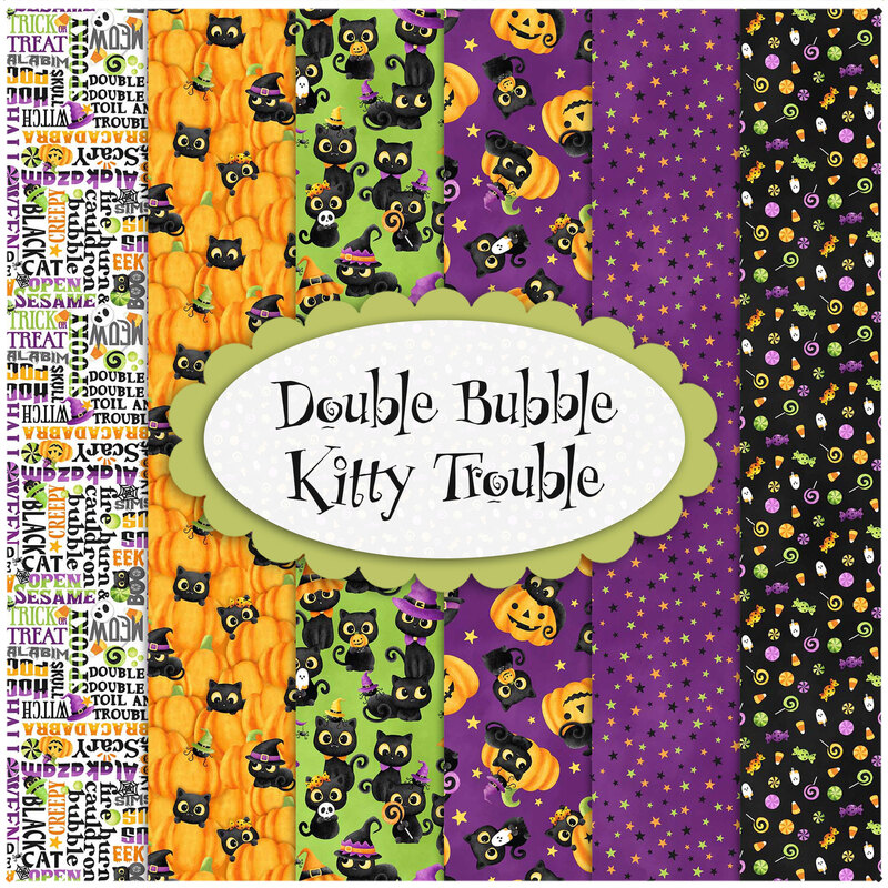 graphic of all fabrics included in the double bubble kitty trouble fq set, in vibrant oranges, greens, purples, and blacks