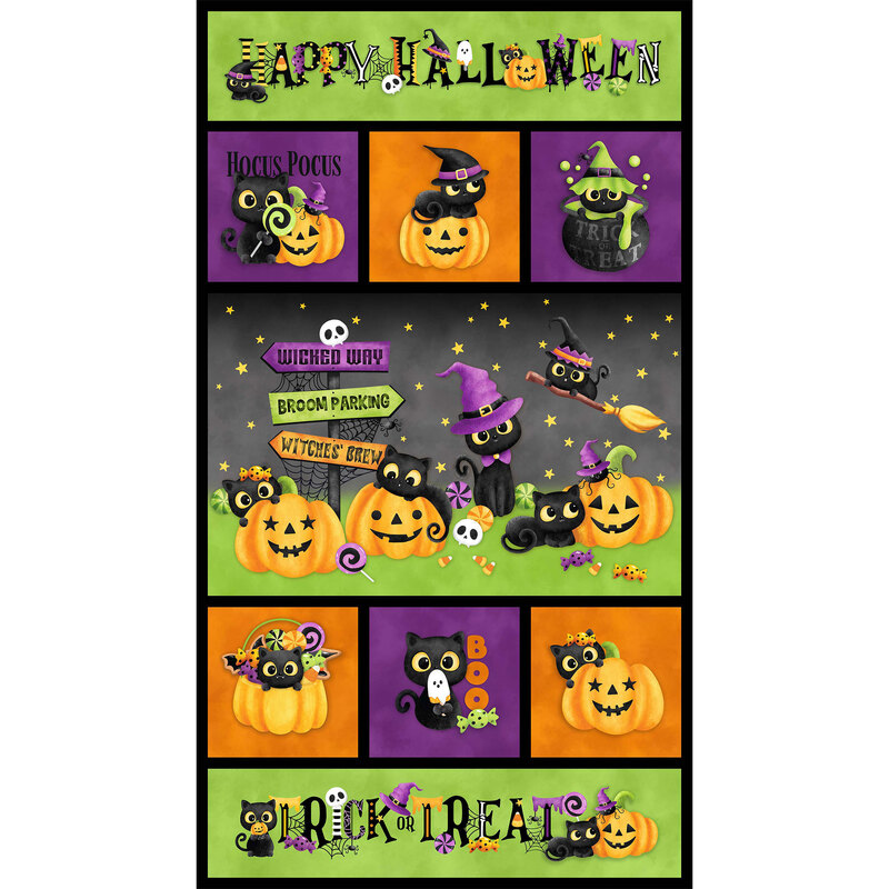 vibrant halloween panel featuring adorable black cats playing around with various Halloween items, such as jack o' lanterns, candy corn, and candy