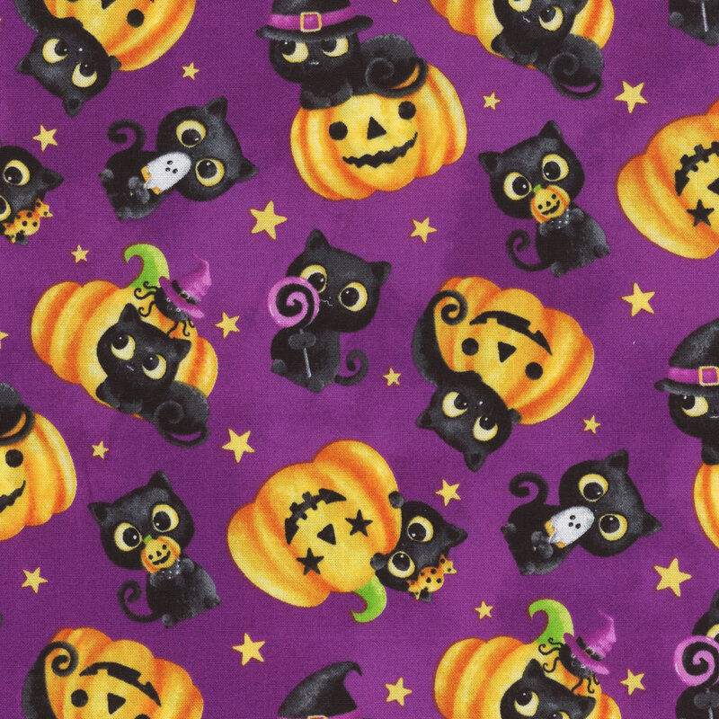 bright violet fabric featuring scattered cute black cats with candy and jack o' lanterns, with yellow stars sprinkled throughout