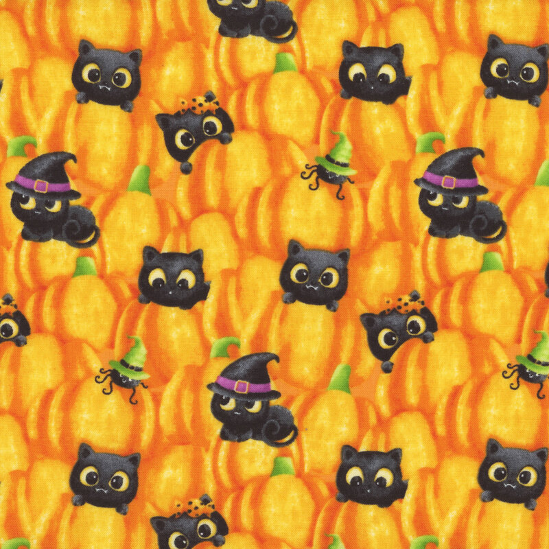 bright orange fabric featuring layered pumpkins with interspersed spiders in witch hats and various black cats, with some wearing witch hats and candy bows