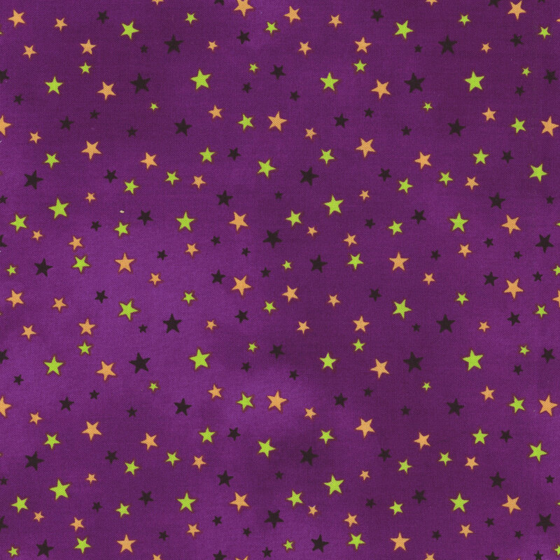 bright violet mottled fabric featuring scattered black, orange, and light green stars