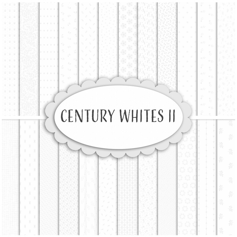 Graphic of all 24 fabrics in the Century Whites II FQ set, featuring a variety of different white on white prints
