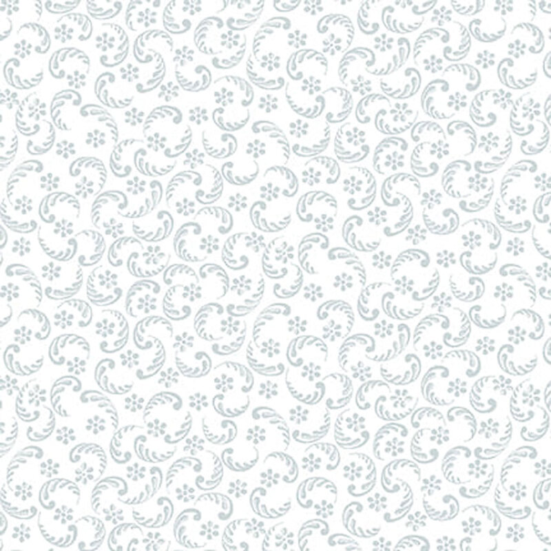 Digital image of white fabric with a gray feather and floral pattern all over