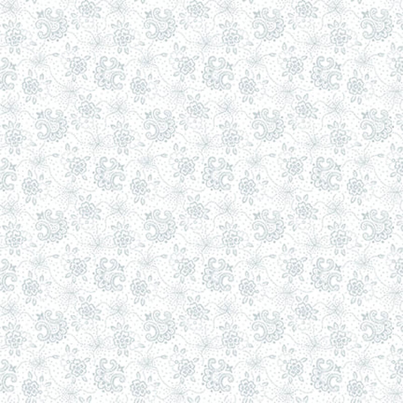 Digital image of white fabric with a gray stylized floral filigree pattern all over