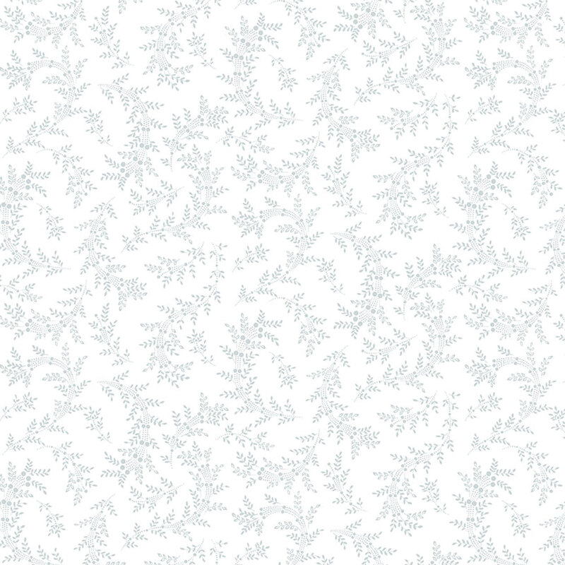 Digital image of white fabric with a gray stylized vine and leaf pattern all over