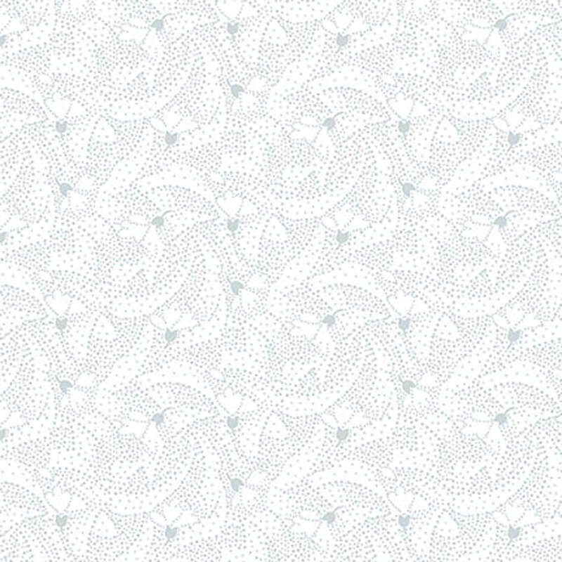 Digital image of white fabric with a gray stylized geometric pattern all over