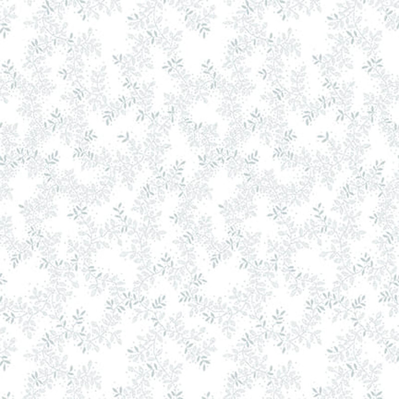 Digital image of white fabric with a gray stylized leafy vine pattern all over