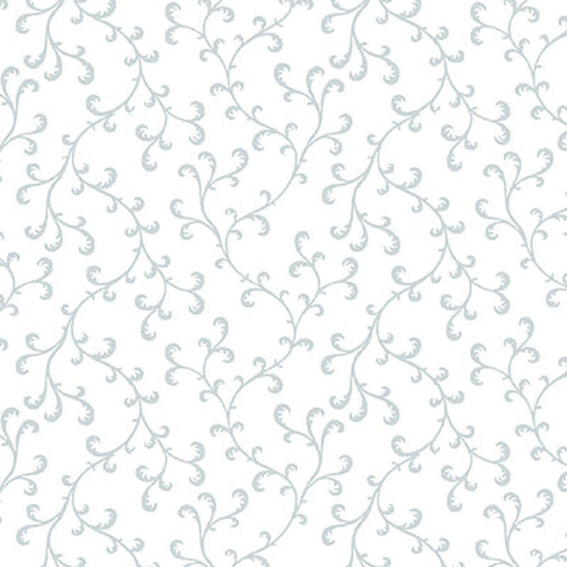 Digital image of white fabric with a gray stylized vine pattern all over