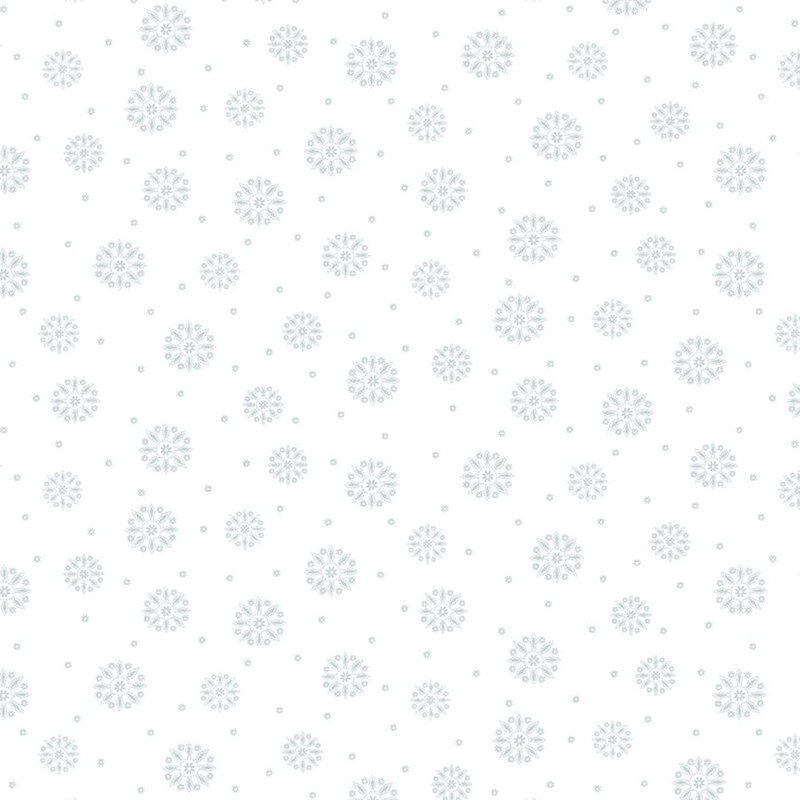 Digital image of white fabric with a gray snowflake pattern all over