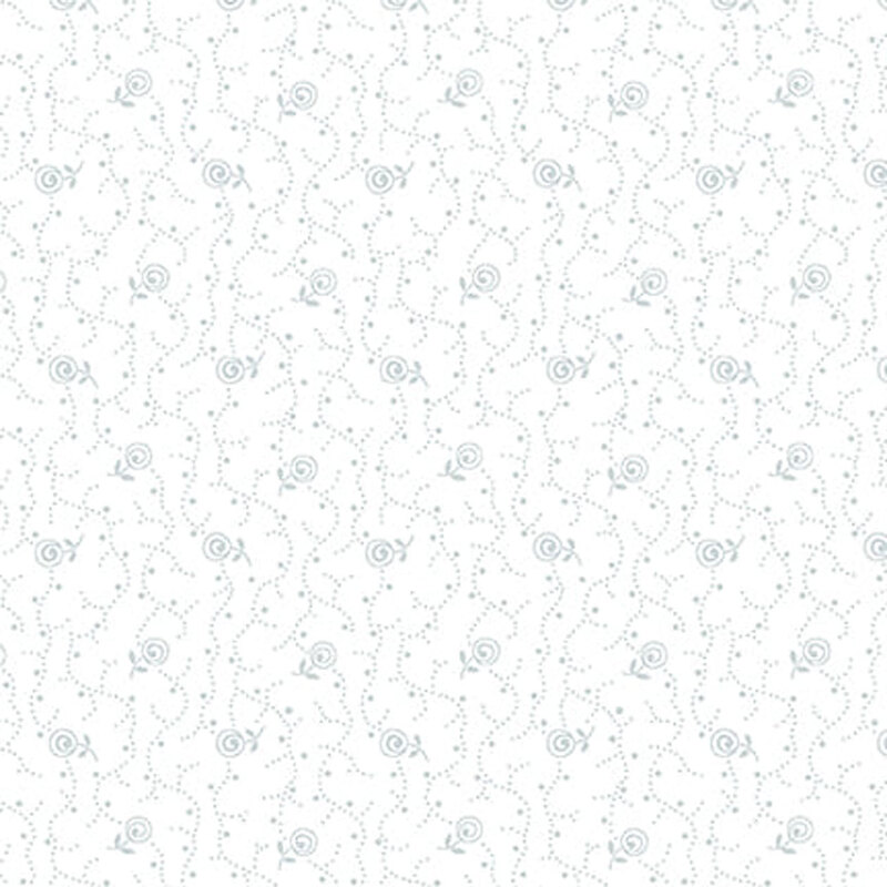 Digital image of white fabric with a gray vine pattern with tossed flowers evenly spaced all over