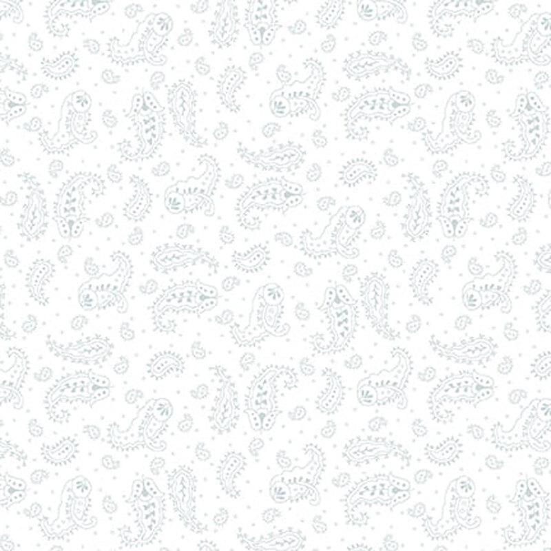Digital image of white fabric with a gray paisley pattern all over