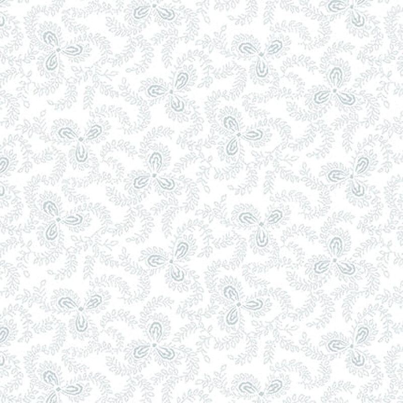 Digital image of white fabric with gray clover-like motifs with vines all over
