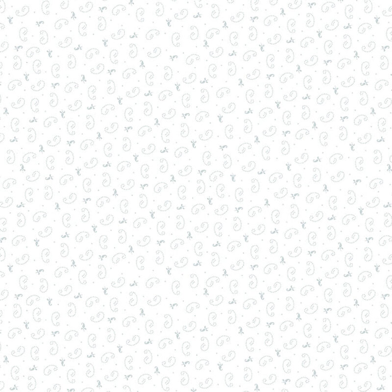 Digital image of white fabric with a gray pattern with curls all over