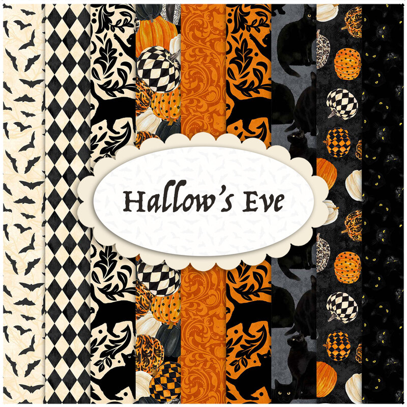 graphic of all fabrics in the Hallow's Eve FQ set, ranging from orange to cream to black