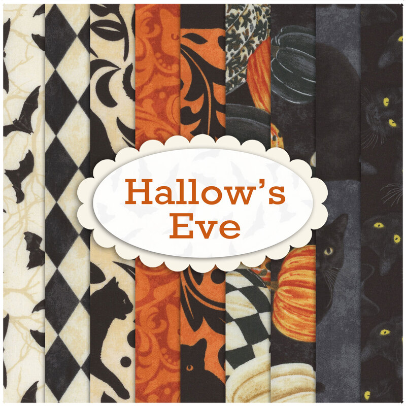graphic of all fabrics in the Hallow's Eve FQ set, ranging from orange to cream to black