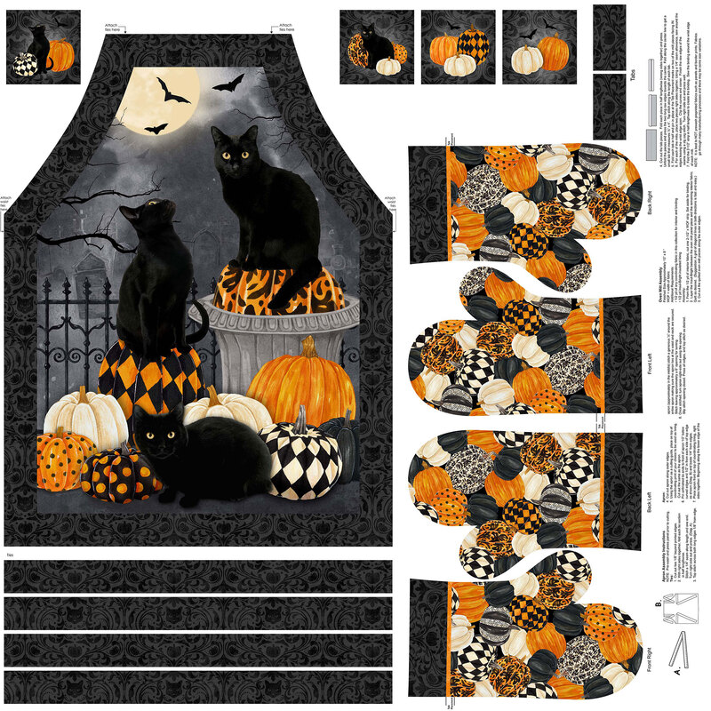 Halloween fabric panel for an apron and 2 oven mitts, decorated in black, gray, and orange colors, featuring black cats and pumpkins