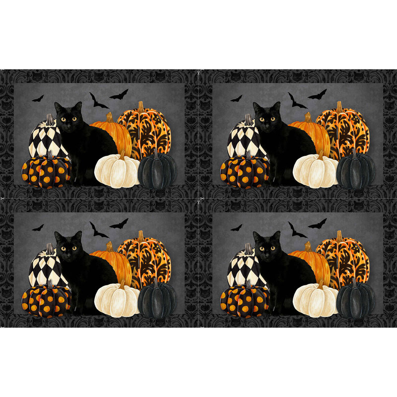 fabric panel of 4 Halloween placemats featuring a black cat surrounded various decorated pumpkins and bats, with a black damask-esque tonal border