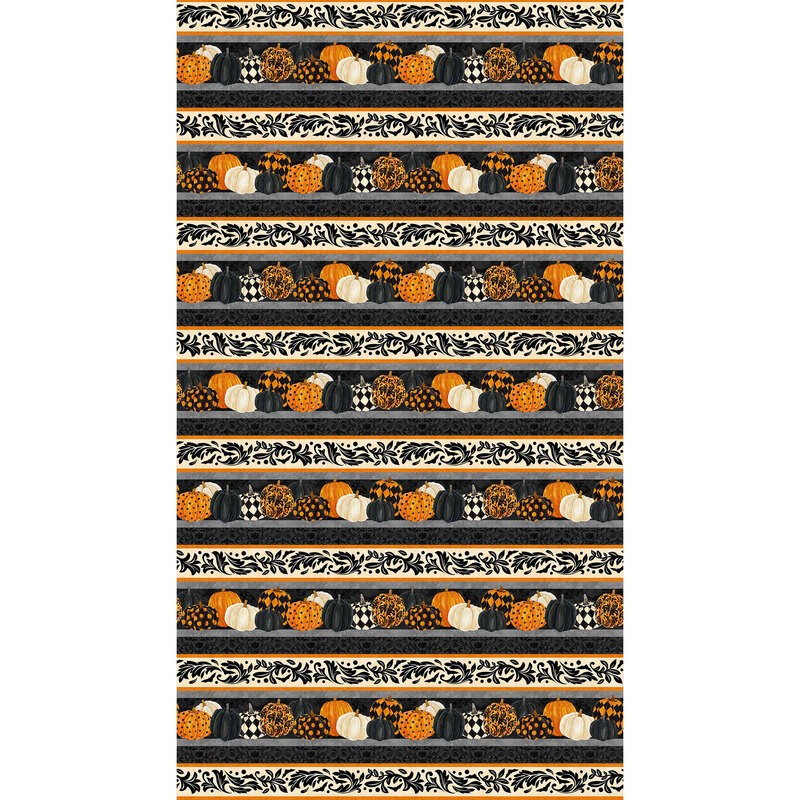 gorgeous Halloween border stripe fabric featuring rows of various painted pumpkins between stripes of muted orange and gray, alongside additional stripes of cream with black filigree and black with tonal damask-inspired patterning