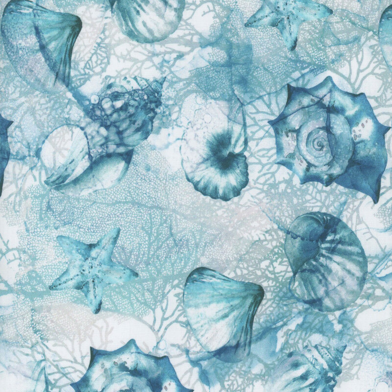 White and blue fabric with seashell and coral patterns