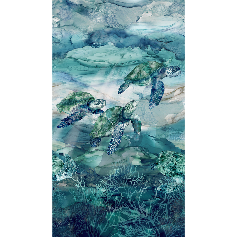 fabric panel featuring graceful sea turtles swimming through the watercolor ocean waves