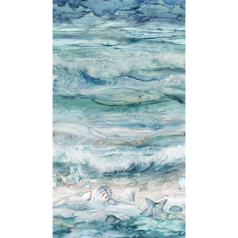 fabric panel featuring graceful sea waves rippling through a watercolor ocean with sea shells and a sea star nestled in the sand at the bottom