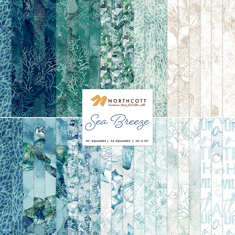 Collage image of sea inspired fabrics in the Sea Breeze collection, in shades of blue, white, teal, and aqua