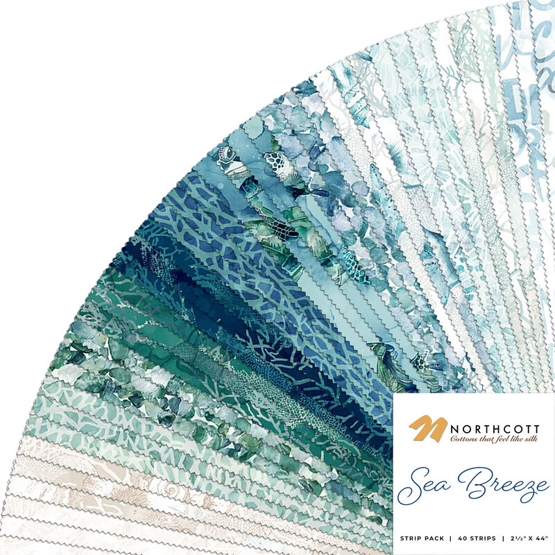 Collage image of sea inspired fabrics in the Sea Breeze collection in shades of blue, teal, aqua, and white