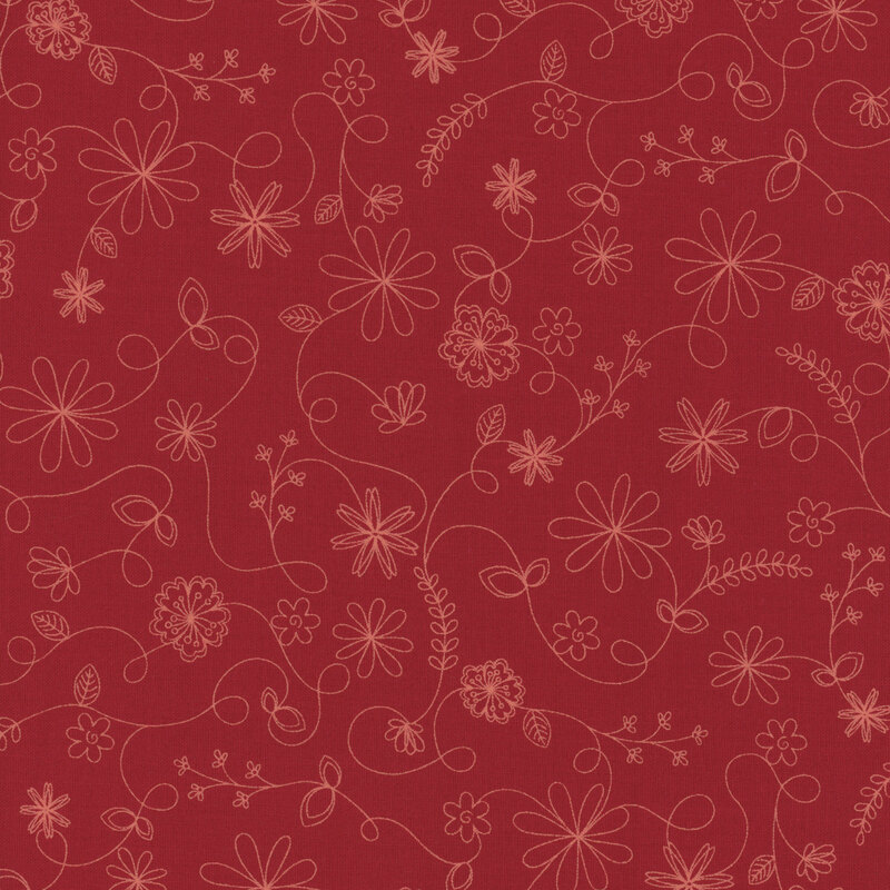 Scattered peach toned swirls and florals on a cardinal red background