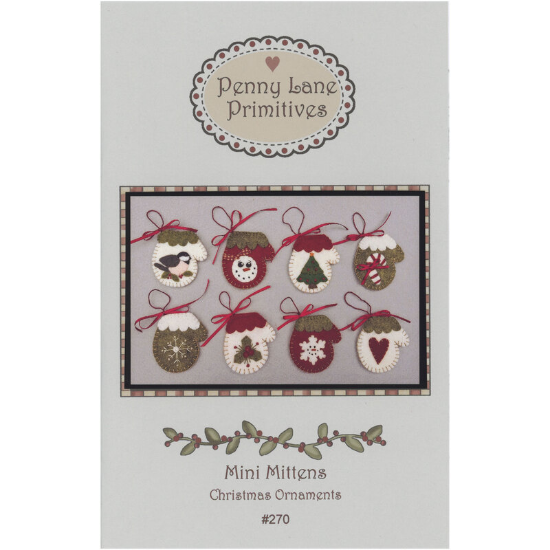 Front pattern cover, showing eight completed mini mitten ornaments, tied with red ribbon and showcasing various christmas and winter motifs