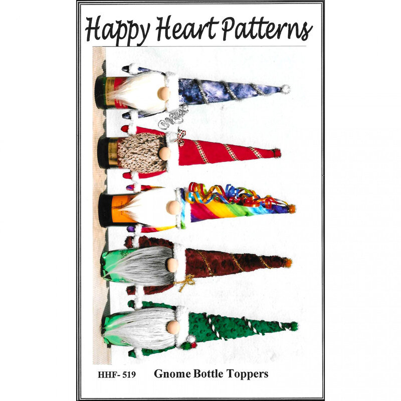 Front cover of the Gnome Bottle Toppers pattern showing a row of fabric gnomes on wine bottles in different colors and themes