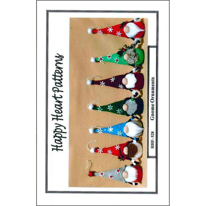 Front cover of the Gnome Ornaments pattern showing a row of fabric gnomes in different colors